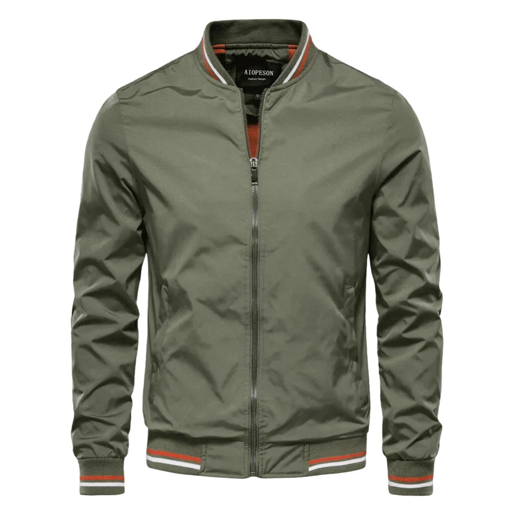 Men’s Striped-Trim Bomber Jacket – Lightweight Zip-Up Layer with Ribbed Collar and Cuffs