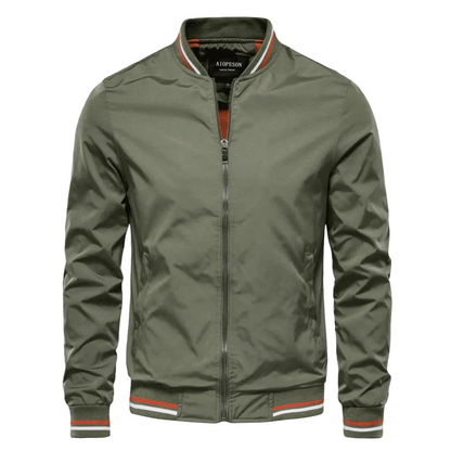 Men’s Striped-Trim Bomber Jacket – Lightweight Zip-Up Layer with Ribbed Collar and Cuffs