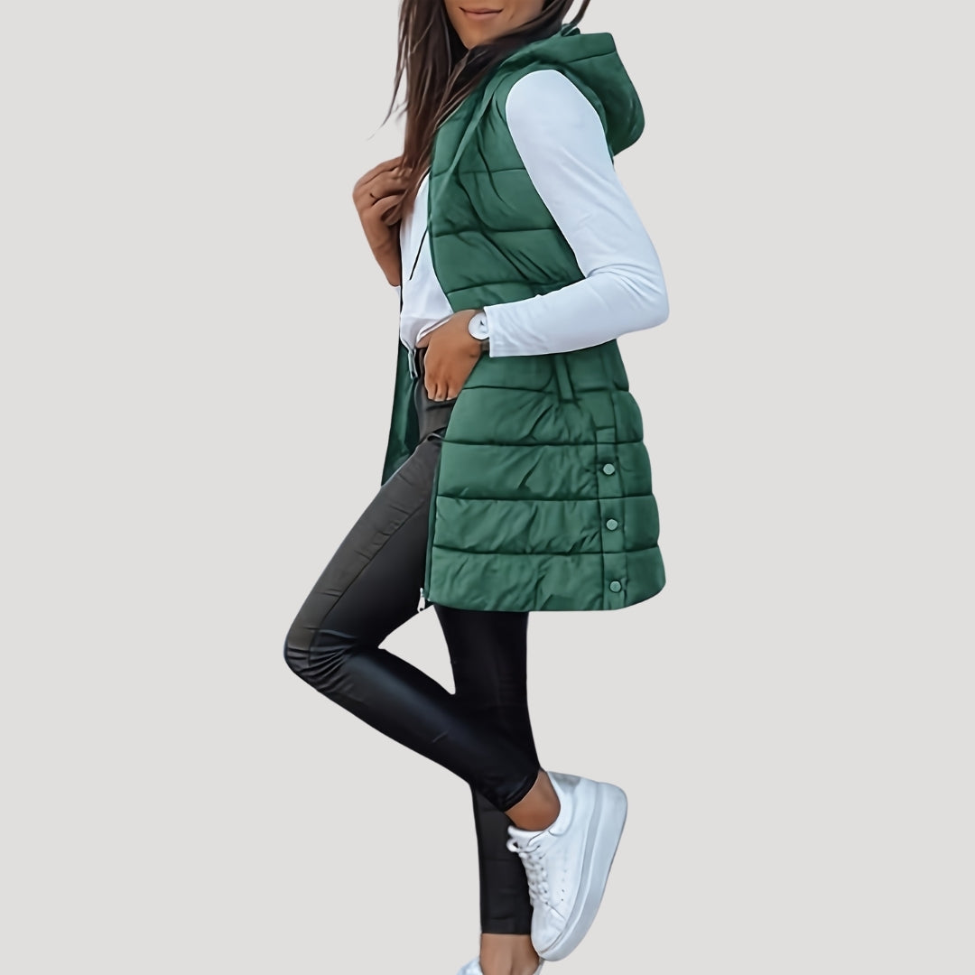 Women’s Long Quilted Gilet – Hooded with Press-Stud Front