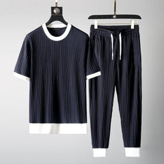 Men’s Pleated Two-Piece T-Shirt Set – Textured Crew-Neck Top with Relaxed Jogger Trousers