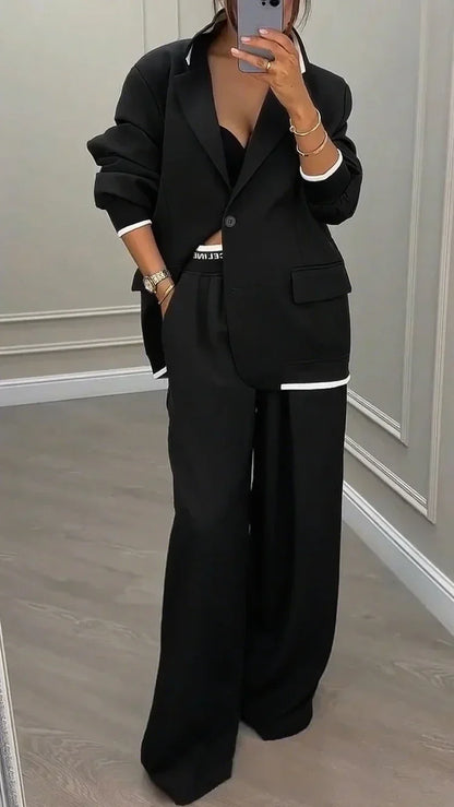 Women’s Oversized Blazer Trouser Set – Relaxed Single-Breasted Jacket with Wide-Leg Tailored Trousers