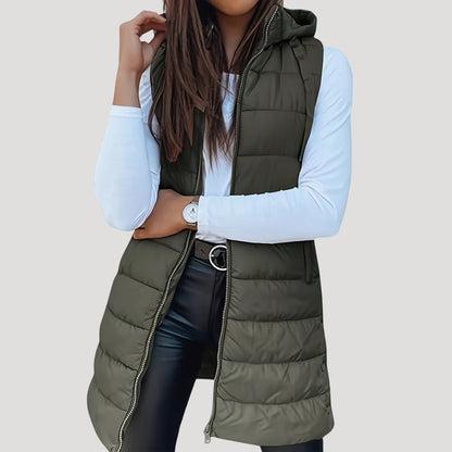 Women’s Long Quilted Gilet – Hooded with Press-Stud Front