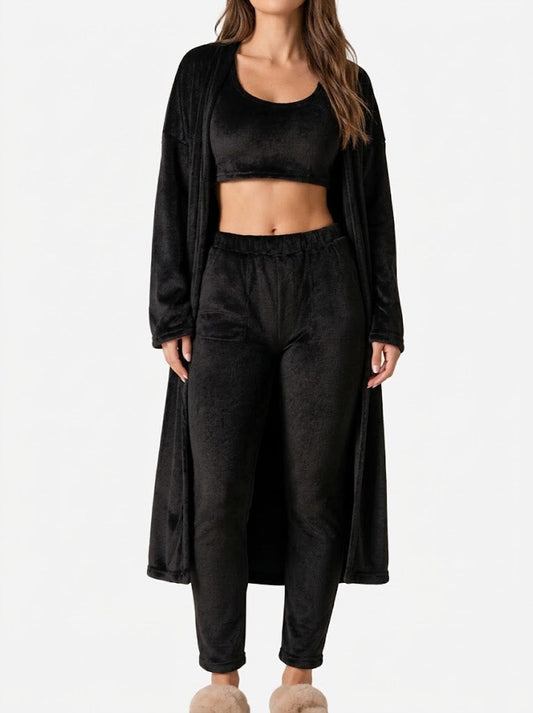 Women’s Plush Three-Piece Loungewear Set – Cropped Tank Top with Longline Cardigan and Elasticated Trousers for Home and Travel