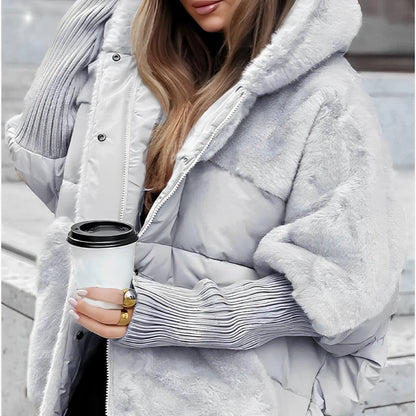 Women’s Faux Fur Panel Puffer Jacket – Plush Hooded Winter Layer for City Wear