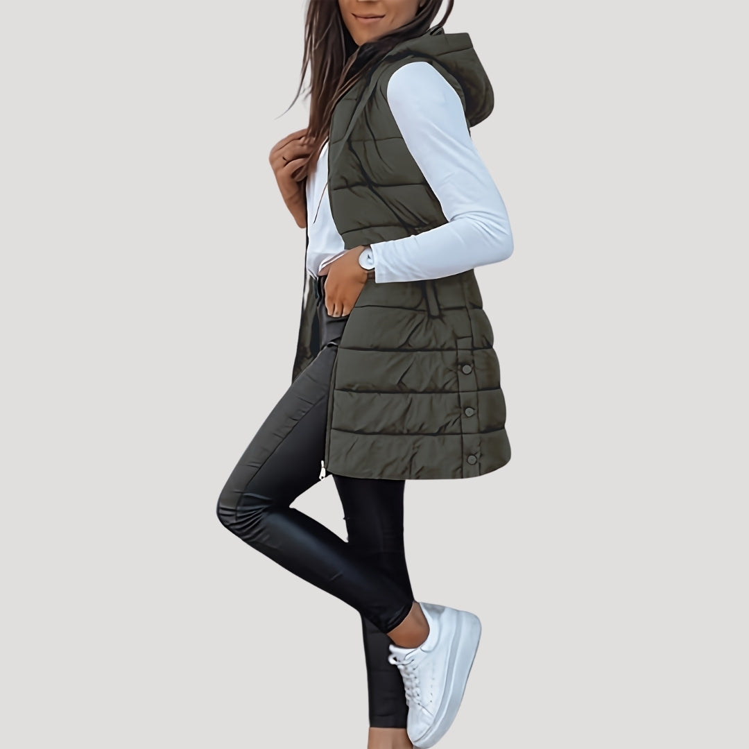 Women’s Quilted Hooded Gilet – Longline Zip-Up Winter Layer for Casual Everyday Wear