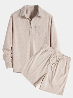 Men’s Corduroy Long-Sleeve Shirt and Shorts Set – Textured Transitional Casualwear