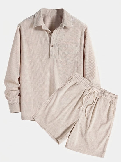 Men’s Corduroy Long-Sleeve Shirt and Shorts Set – Textured Transitional Casualwear