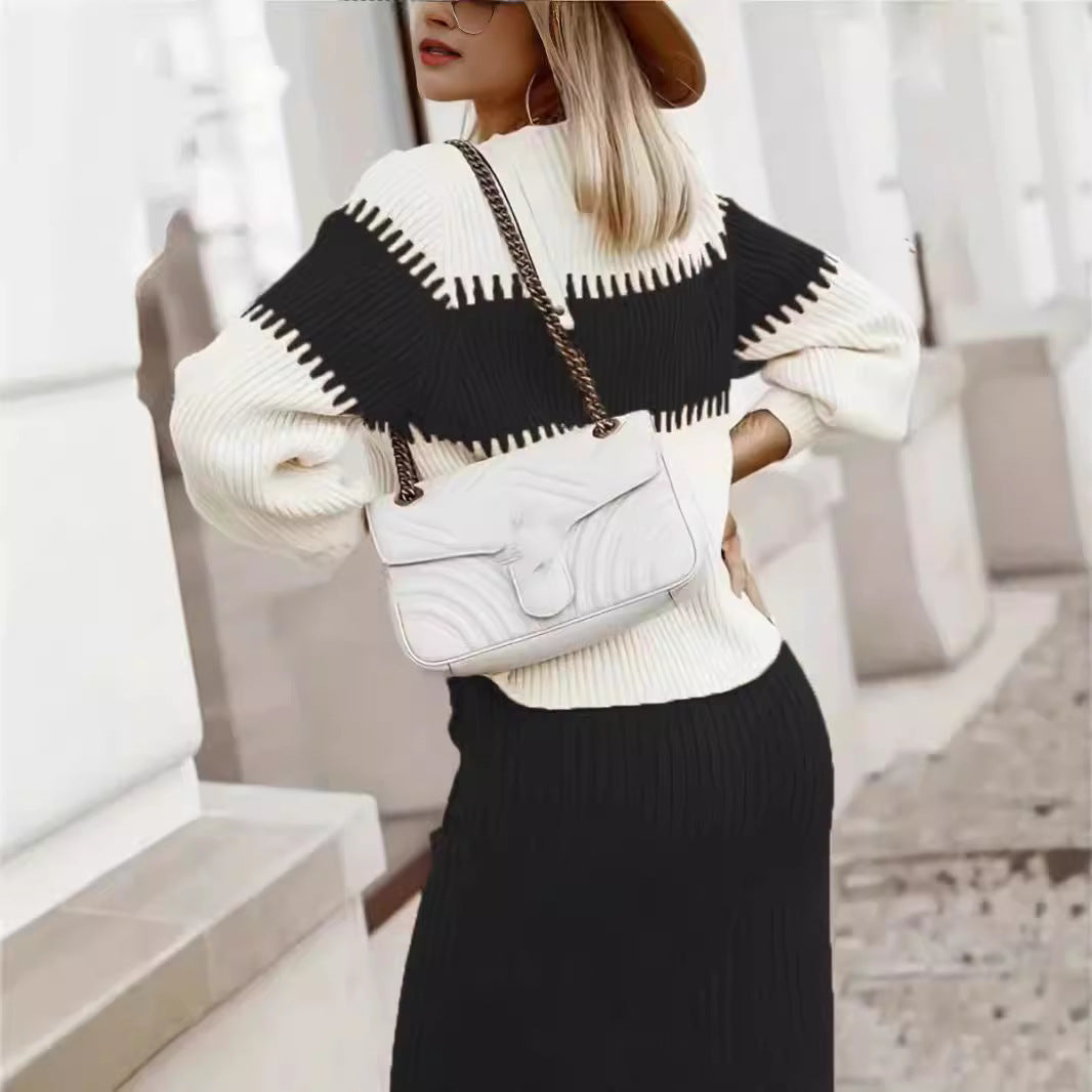 Women’s Rib-Knit Midi Skirt Co-Ord – Relaxed Long-Sleeve Pullover with Fitted High-Waist Skirt