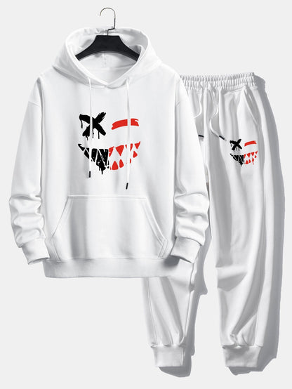 Men’s Casual Two-Piece Tracksuit – Cotton Blend Printed Hoodie with Joggers