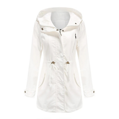 Women’s Hooded Drawstring Utility Parka – Mid-Length Zip-Front Jacket with Adjustable Waist and Practical Pockets