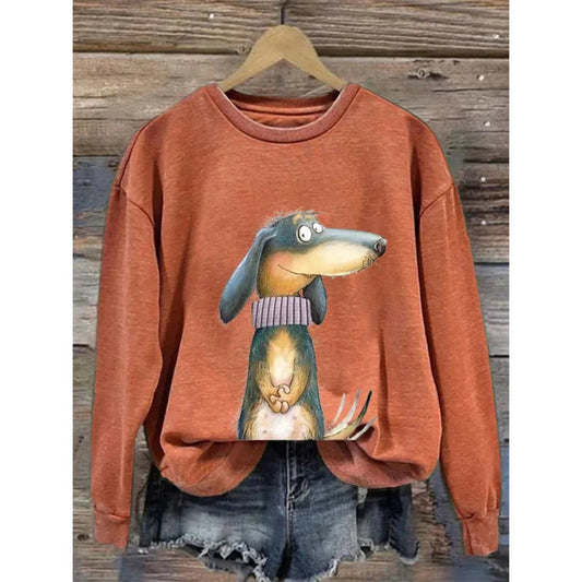 Women’s Dog Graphic Crew-Neck Sweatshirt – Relaxed Casual Pullover for Cool Everyday Wear