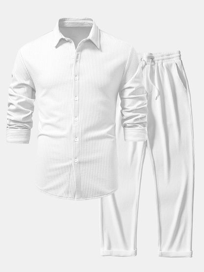 Men’s Ribbed Muscle-Fit Shirt and Straight Trousers – Stretch Smart Casual Set