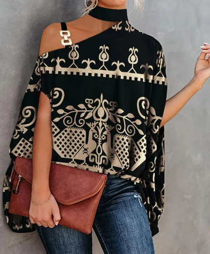Women’s Asymmetric Choker Top – Printed Draped Blouse for Parties and City Wear