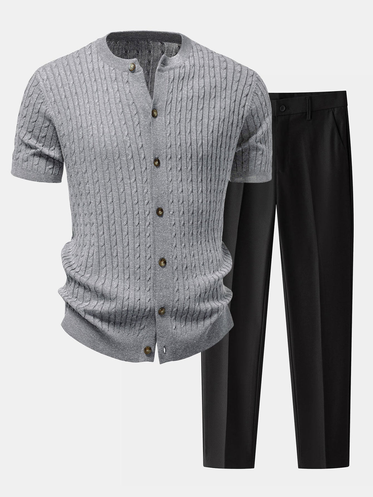 Men’s Cable-Knit Button Shirt with Tapered Trousers – Refined Smart Casual Set