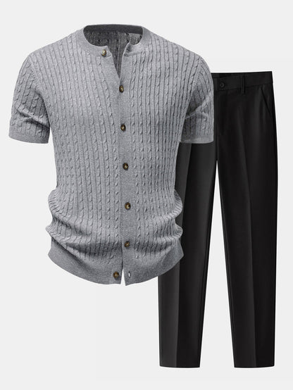 Men’s Cable-Knit Button Shirt with Tapered Trousers – Refined Smart Casual Set
