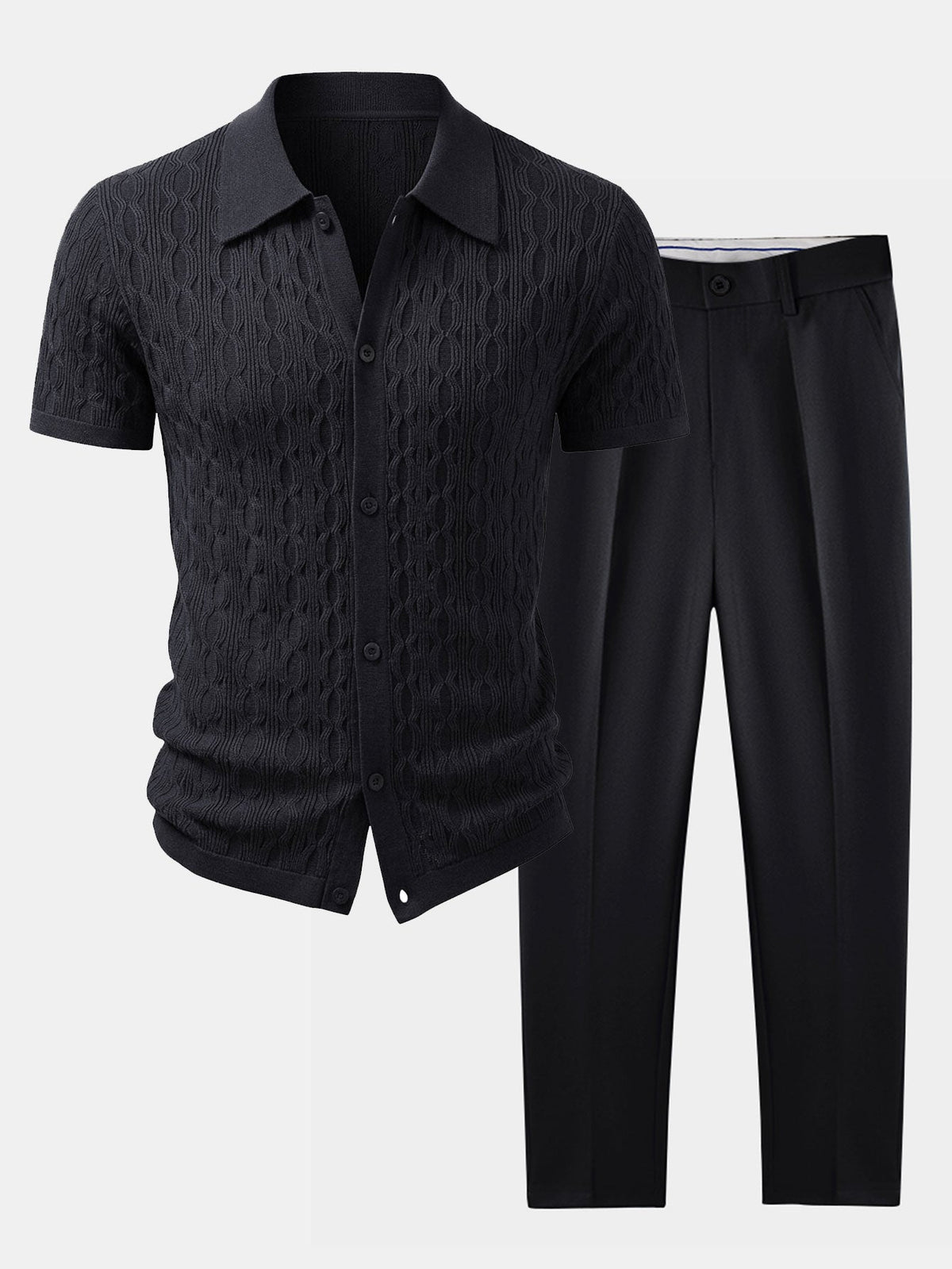 Men’s Viscose Textured Knit Shirt and Stretch Tapered Trousers – Smart Casual Summer Set
