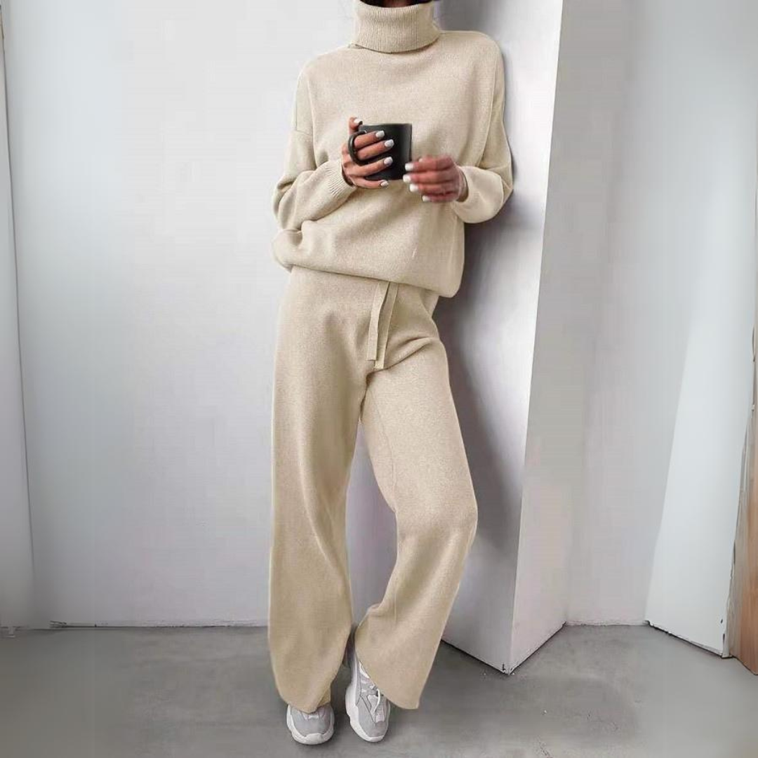 Women’s Relaxed Turtleneck Knit Set – Soft Pullover and Drawstring Wide-Leg Trousers for Autumn and Winter
