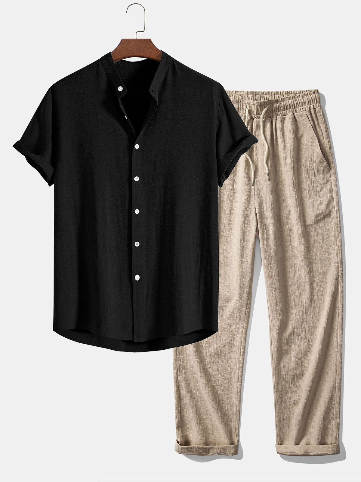 Men’s Linen Blend Summer Co-Ord – Stand Collar Shirt with Straight-Leg Trousers