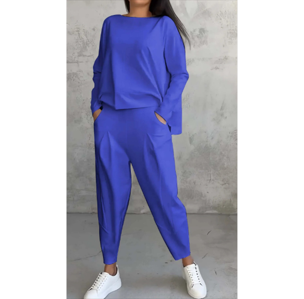 Women’s Minimalist Lounge Co-Ord – Draped Long-Sleeve Top with Tapered Pocket Trousers for Daily Wear