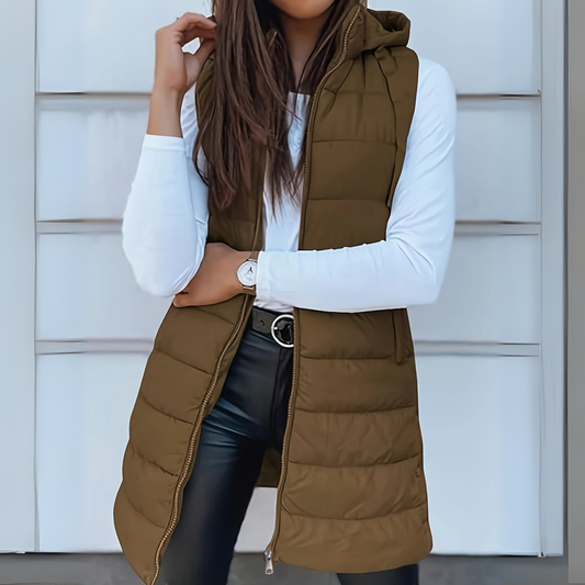 Women’s Longline Quilted Gilet – Hooded Body Warmer with Full-Length Zip