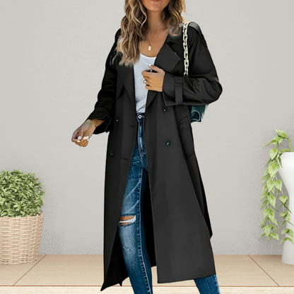 Women’s Long Trench Coat – Double-Breasted with Tie Belt