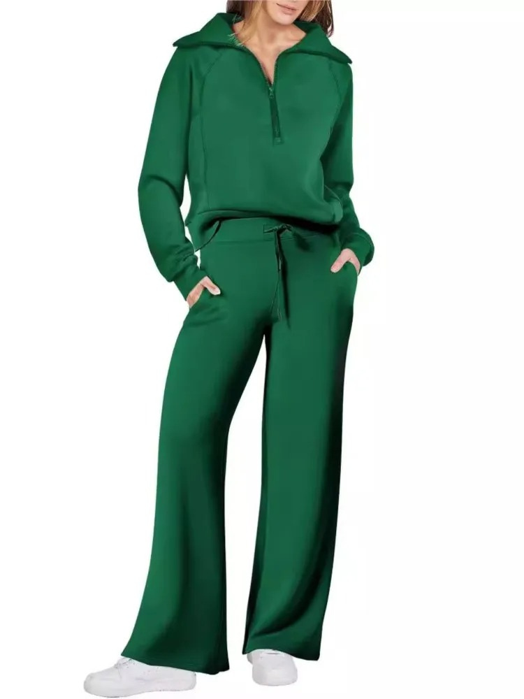 Women’s Half-Zip Leisure Co-Ord – Collared Pullover with Drawstring Wide-Leg Trousers for Casual Wear