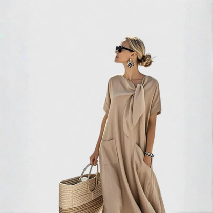 Women’s Relaxed Tie-Neck Midi Dress – Pocket Summer Day Dress for Travel and Casual Wear