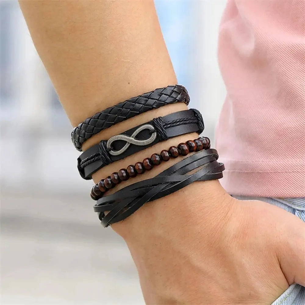 Men’s Braided Leather Wrap Bracelet Set – Layered Beaded Wristwear for Everyday Styling