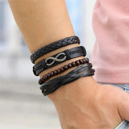 Men’s Braided Leather Wrap Bracelet Set – Layered Beaded Wristwear for Everyday Styling