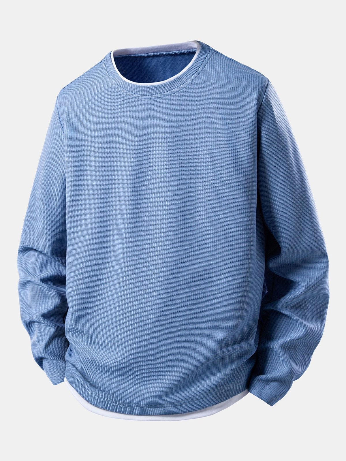 Men’s Waffle Long-Sleeve T-Shirt with Layered Crew Neck – Autumn Casual Essential