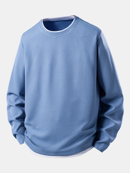 Men’s Waffle Long-Sleeve T-Shirt with Layered Crew Neck – Autumn Casual Essential