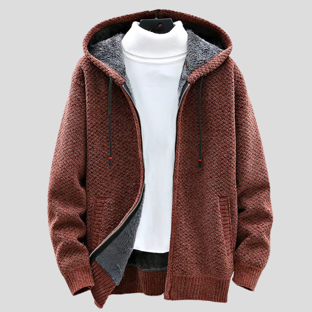 Men’s Hooded Knit Jacket – Waffle-Knit Cardigan with Full-Length Zip