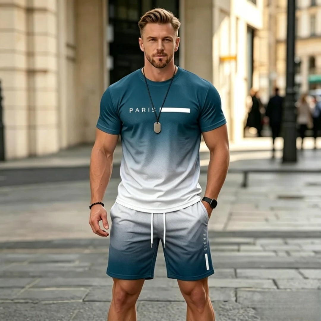 Men’s Two-Piece Summer Set – Short-Sleeve T-Shirt and Drawstring Shorts with Gradient Design