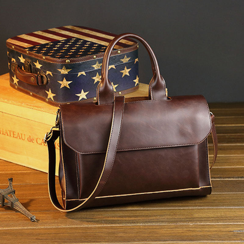 Men’s Vintage Faux-Leather Laptop Briefcase – Structured Business Messenger Bag with Top Handles and Shoulder Strap