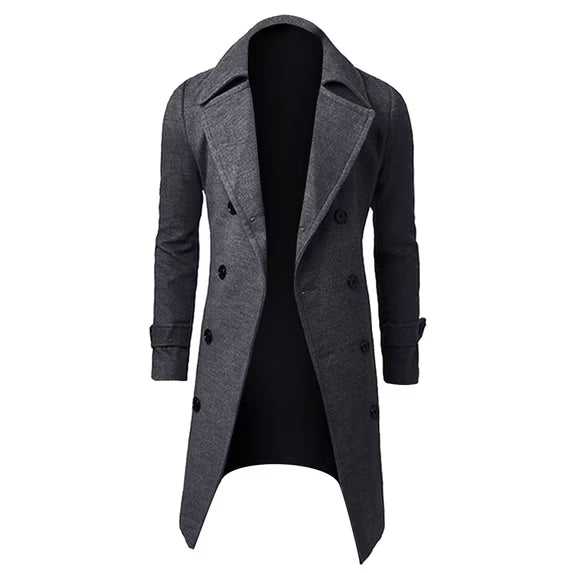 Men’s Double-Breasted Longline Trench Coat – Tailored British-Inspired Layer with Wide Lapels and Cuff Straps