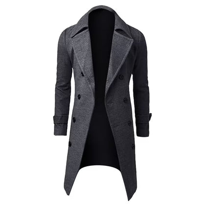 Men’s Double-Breasted Longline Trench Coat – Tailored British-Inspired Layer with Wide Lapels and Cuff Straps
