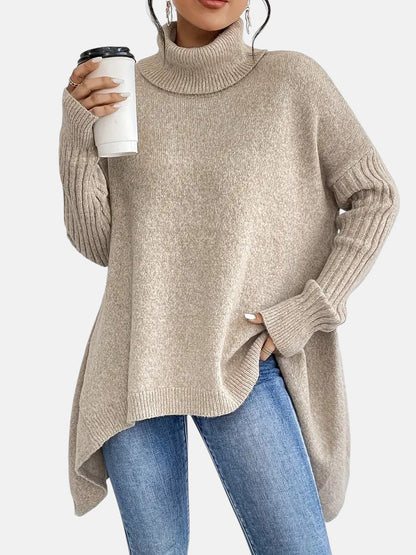 Women’s Oversized Roll-Neck Jumper – Batwing Sleeve Jumper with Dipped Hem