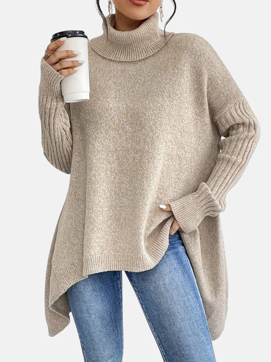 Women’s Oversized Roll-Neck Jumper – Batwing Sleeve Jumper with Dipped Hem