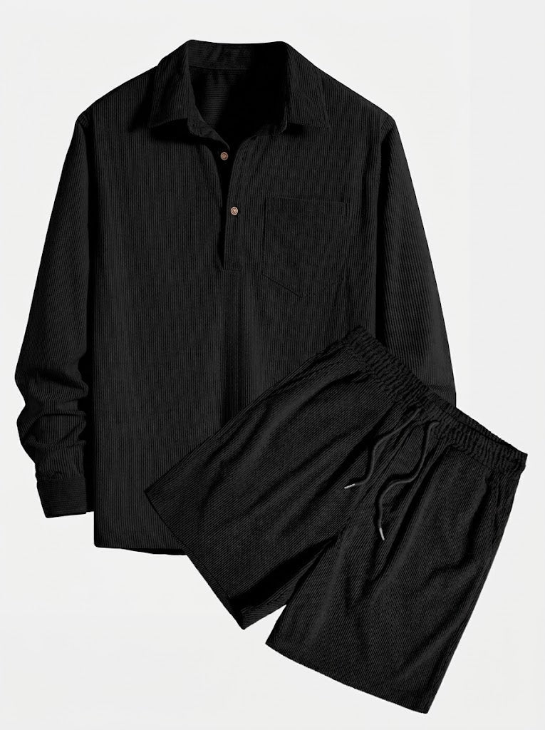 Men’s Corduroy Long-Sleeve Shirt and Shorts Set – Textured Transitional Casualwear