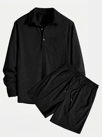 Men’s Corduroy Long-Sleeve Shirt and Shorts Set – Textured Transitional Casualwear