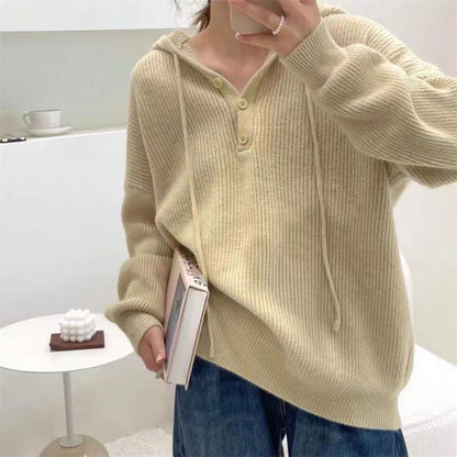 Women’s Hooded Rib-Knit Sweater – Relaxed Button-Neck Pullover for Cosy Everyday Layering