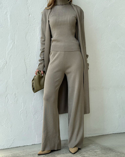 Women’s Three-Piece Knit Lounge Set – Sleeveless High-Neck Top Longline Cardigan and Wide-Leg Trousers for Autumn and Winter
