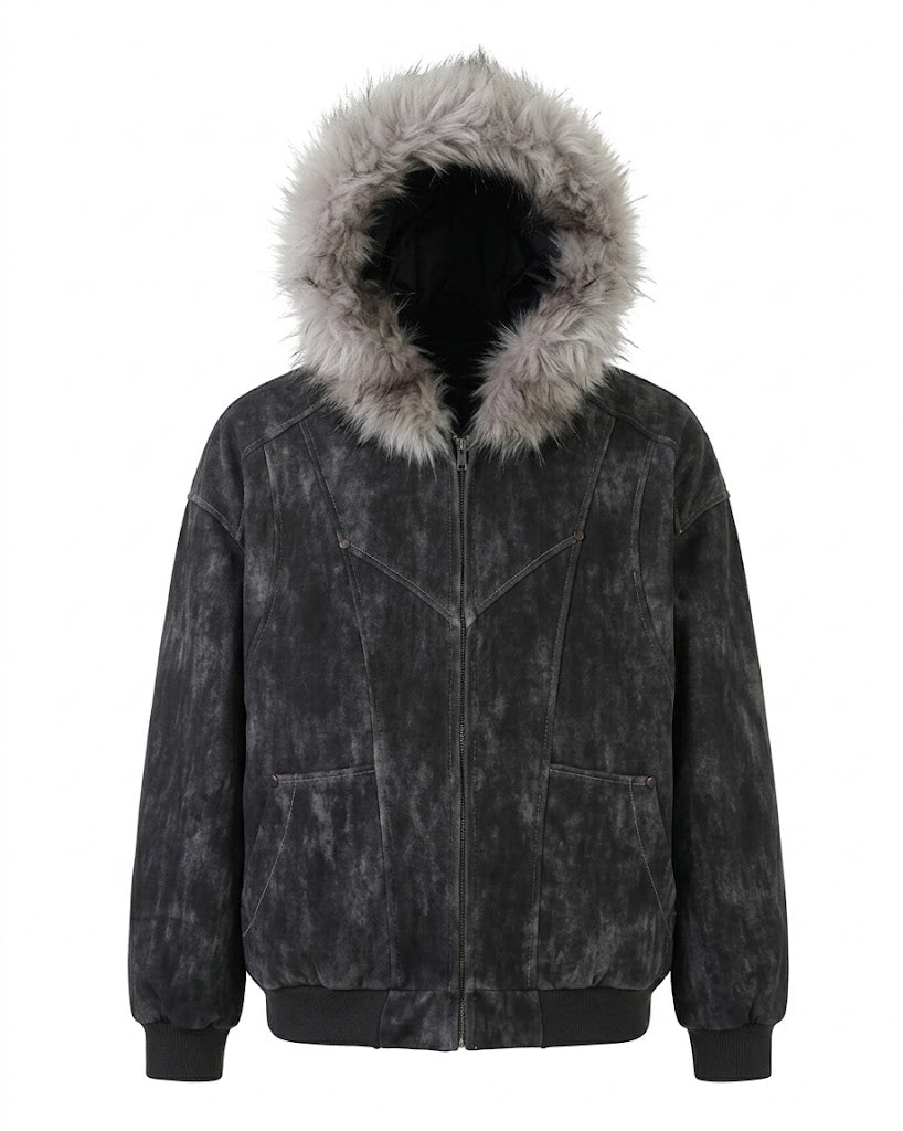 Men’s Fur-Trimmed Hooded Bomber Jacket – Oversized Zip-Up Winter Coat with Utility Pockets