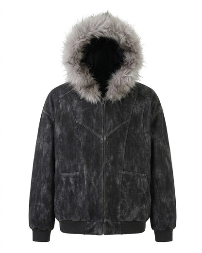 Men’s Fur-Trimmed Hooded Bomber Jacket – Oversized Zip-Up Winter Coat with Utility Pockets