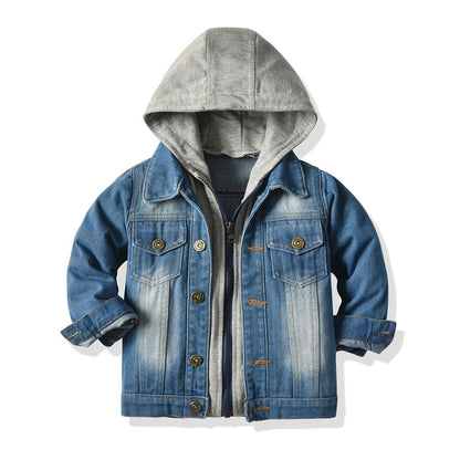 Men’s Layered Hooded Denim Jacket – Button-Front Trucker Design with Zip-Up Inner Layer and Chest Pockets