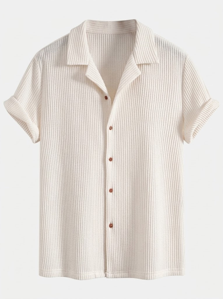 Men’s Textured Waffle Resort Set – Button Shirt with Linen Cotton Drawstring Shorts