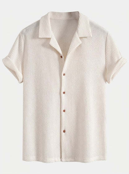 Men’s Textured Waffle Resort Set – Button Shirt with Linen Cotton Drawstring Shorts