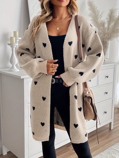 Women’s Open-Front Cardigan – Heart-Print Knit in Beige