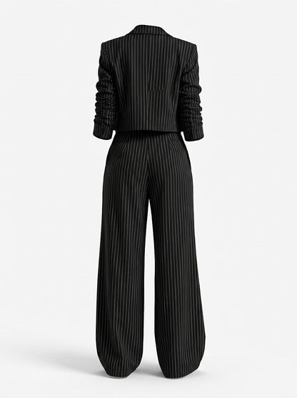 Women’s Pinstripe Trouser Co-Ord Set – Cropped Blazer with Wide-Leg Trousers for Work and Smart Casual Wear