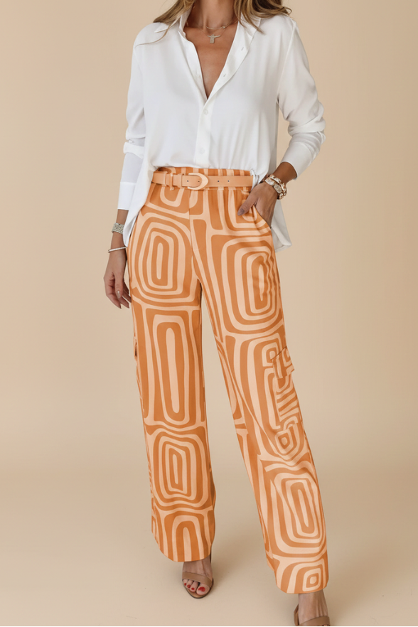 Women’s Two-Piece Set – Printed Shirt Blouse with Wide-Leg Trousers